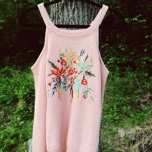 Pink off the shoulder sweater w/ floral embroidery